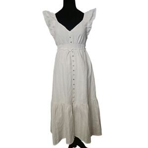 BETSEY JOHNSON White Cotton Summer Dress XS Ruffle Sleeve Button Front Maxi Midi